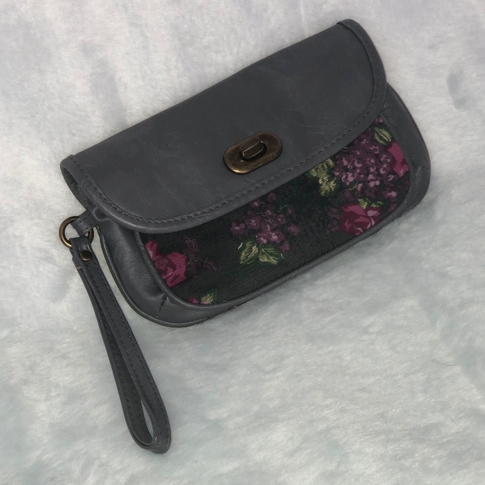Small Grey Leather Two-Part Floral Wristlet
